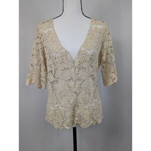 Cream Crochet Cardigan V-Neck Button Floral Cottagecore Bohemian Luxe Boho A076